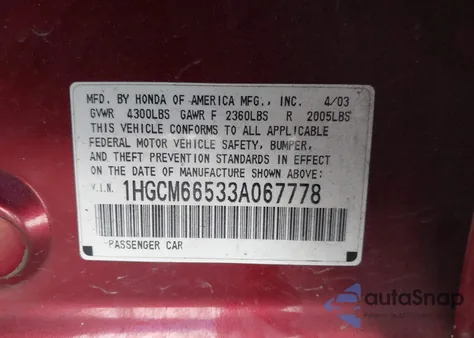 2003 Honda Accord 3.0 Ex from USA, damaged, VIN 1HGCM66533A067778